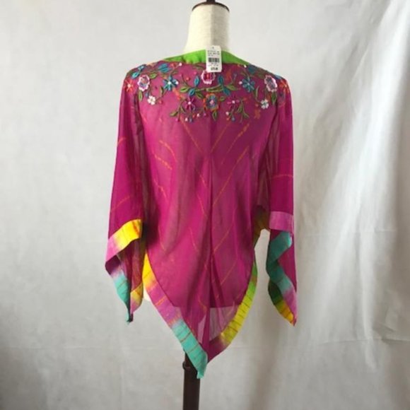 NWT Tashia London Silk Pullover V-neck Sheer Poncho with Embroidery Size M - Picture 2 of 14
